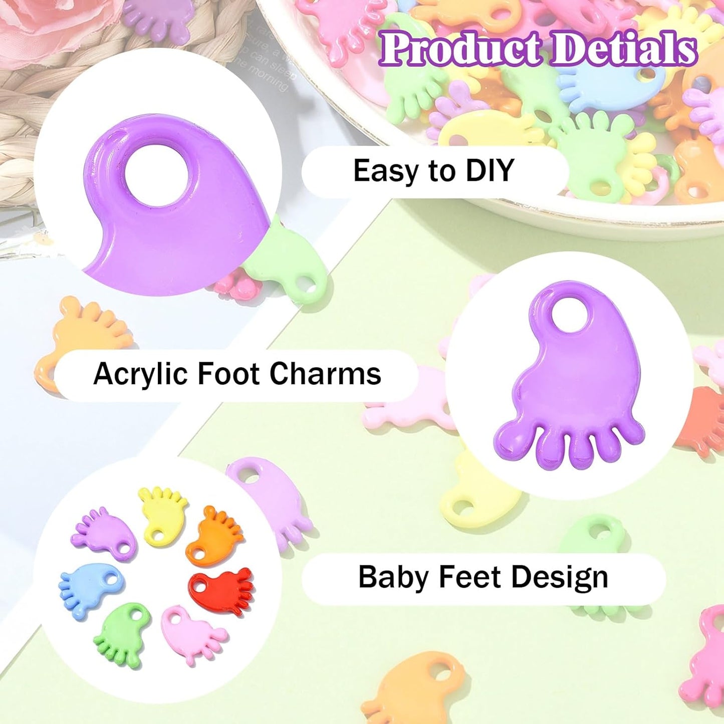 Colorful Footprint Charms - for DIY Crafts, Party Favors & School Rewards - PE Foot Charms
