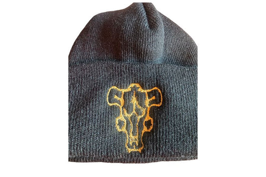 Black Embroidered Beanie – Golden Dawn & Black Bulls Design