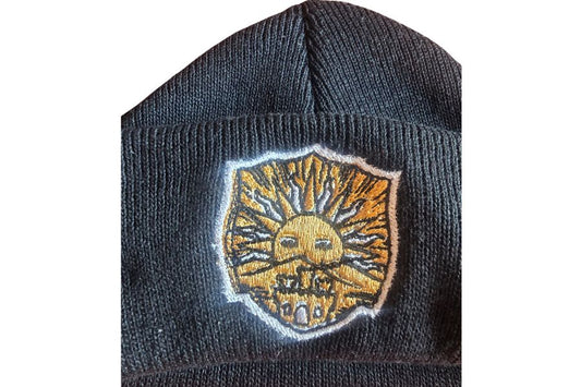 Black Embroidered Beanie – Golden Dawn & Black Bulls Design