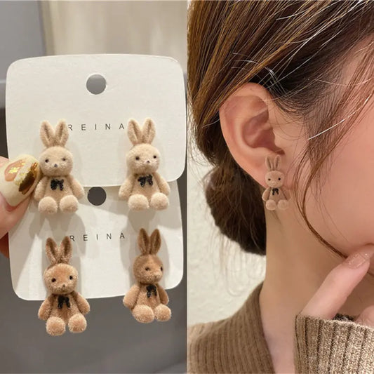 "Cuddle Buddies" Plush Teddy Bear & Bunny Earrings - Adorable and Cozy Fashion (Available in Brown and Beige)