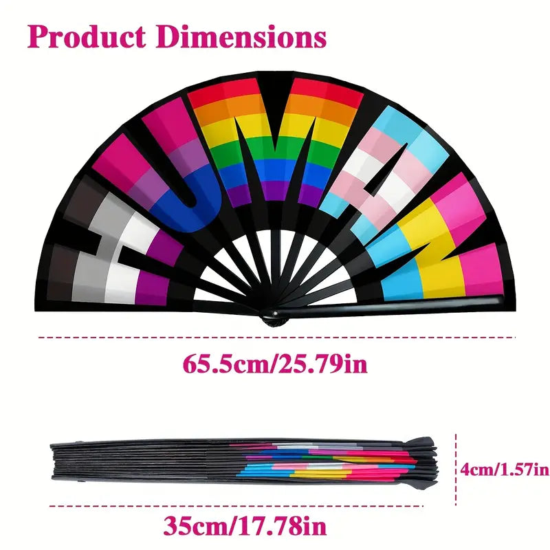 Vibrant Rainbow Pride Folding Fan – Large Handheld Foldable Fan for Parades, Raves & Festivals - Printed with HUMAN