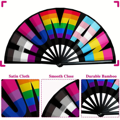 Vibrant Rainbow Pride Folding Fan – Large Handheld Foldable Fan for Parades, Raves & Festivals - Printed with HUMAN