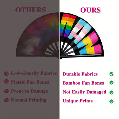 Vibrant Rainbow Pride Folding Fan – Large Handheld Foldable Fan for Parades, Raves & Festivals - Printed with HUMAN