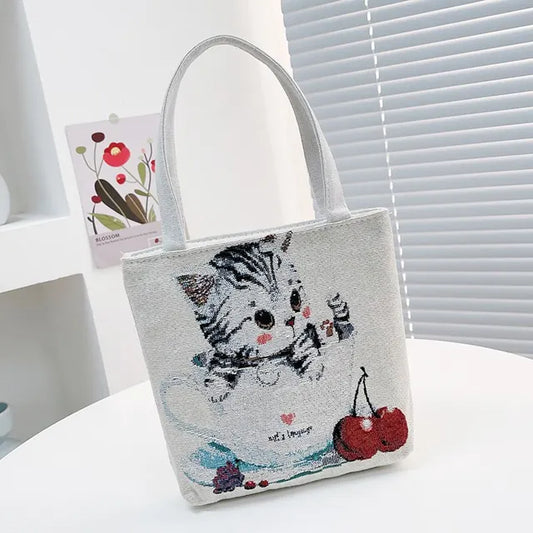 Whimsical Retro Kitten: Embroidered Nylon Handheld Bag