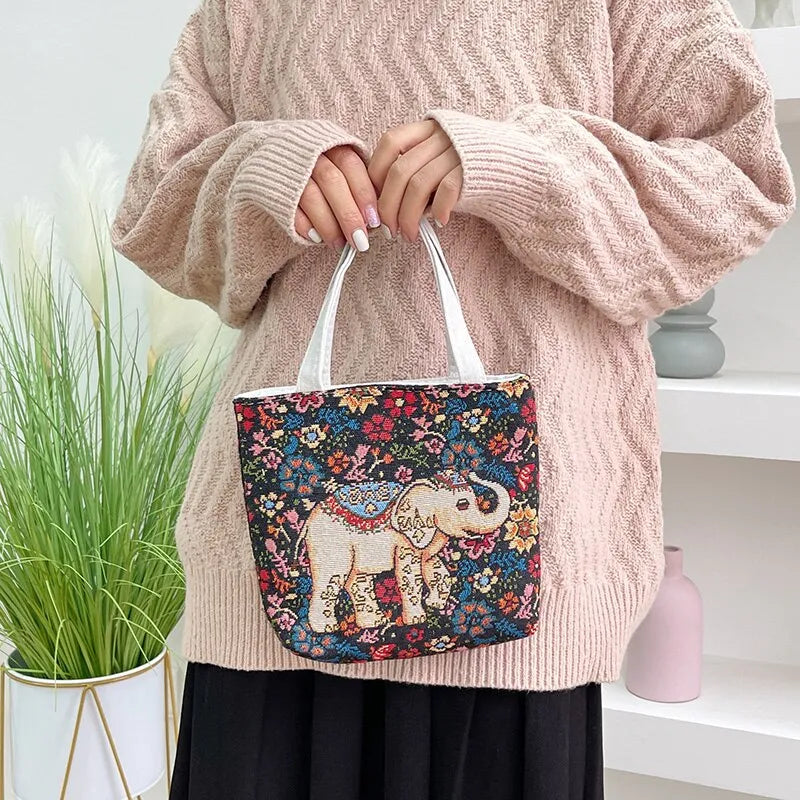 Whimsical Retro Kitten: Embroidered Nylon Handheld Bag