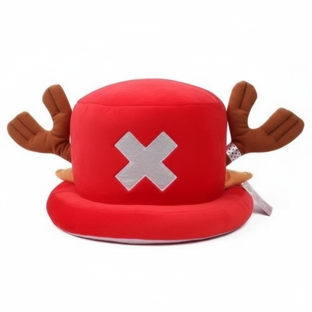 Red bucket hat with reindeer antlers and a large white 'X' on a white background