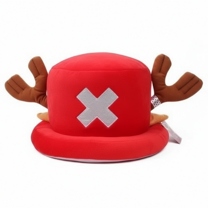 Red bucket hat with reindeer antlers and a large white 'X' on a white background