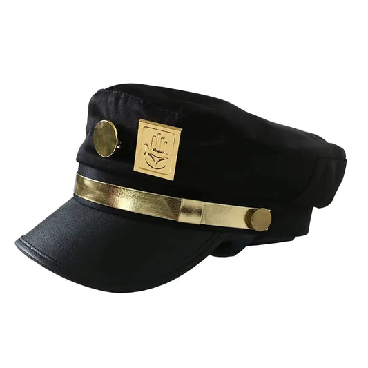 ⭐ JoJo Kujo Jotaro Cosplay Cap 🕶️ — Flat Top Anime Prop (Unisex, Metal Badge)