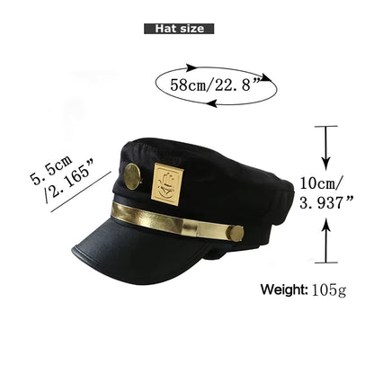 ⭐ JoJo Kujo Jotaro Cosplay Cap 🕶️ — Flat Top Anime Prop (Unisex, Metal Badge)