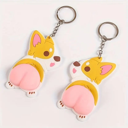 🐕 Cute Funny Cartoon Dog Keychain - Soft PVC Squeeze Stress Reliever