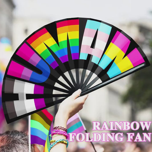 Vibrant Rainbow Pride Folding Fan – Large Handheld Foldable Fan for Parades, Raves & Festivals - Printed with HUMAN