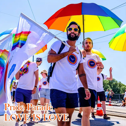 Pride Parade participants with rainbow flags and umbrellas, with 'Pride Parade Love is Love' text.