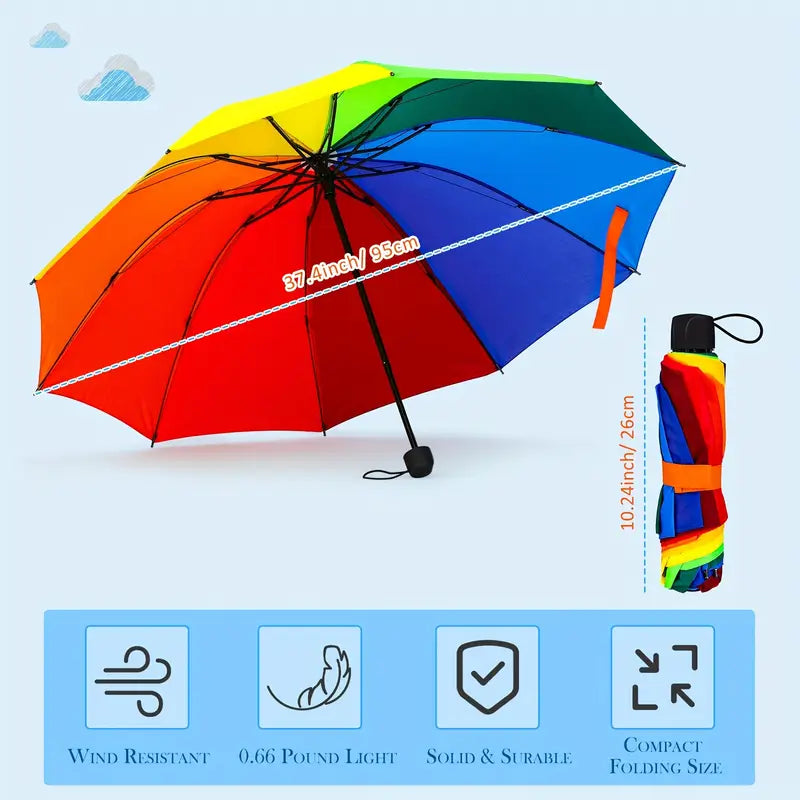 Colorful rainbow umbrella with open and folded views, measurements, and features on a light blue background.