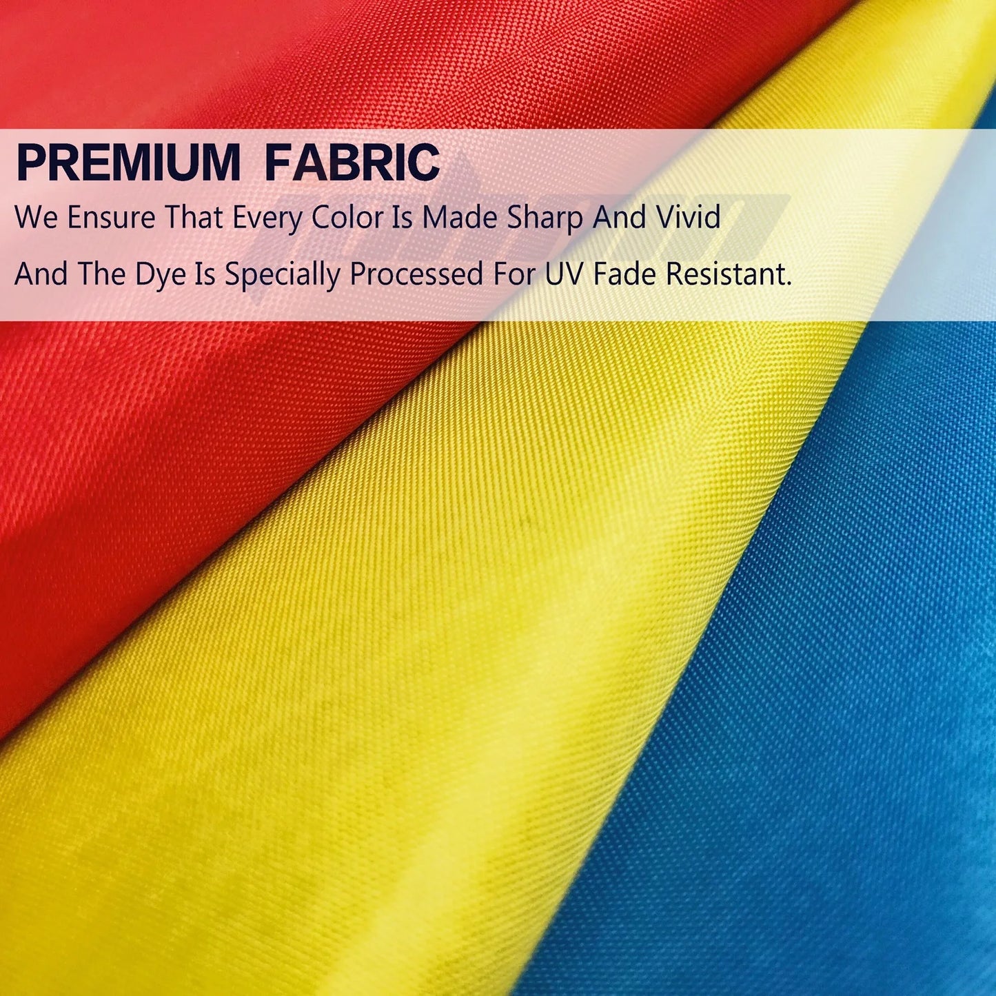 Close-up of red, yellow, and blue fabric with text about premium fabric quality.