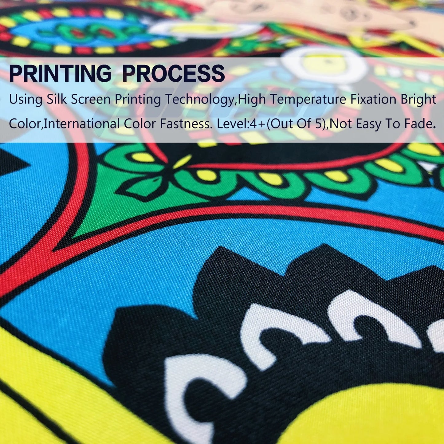 Colorful fabric with intricate patterns and text about printing process using silk screen printing technology.