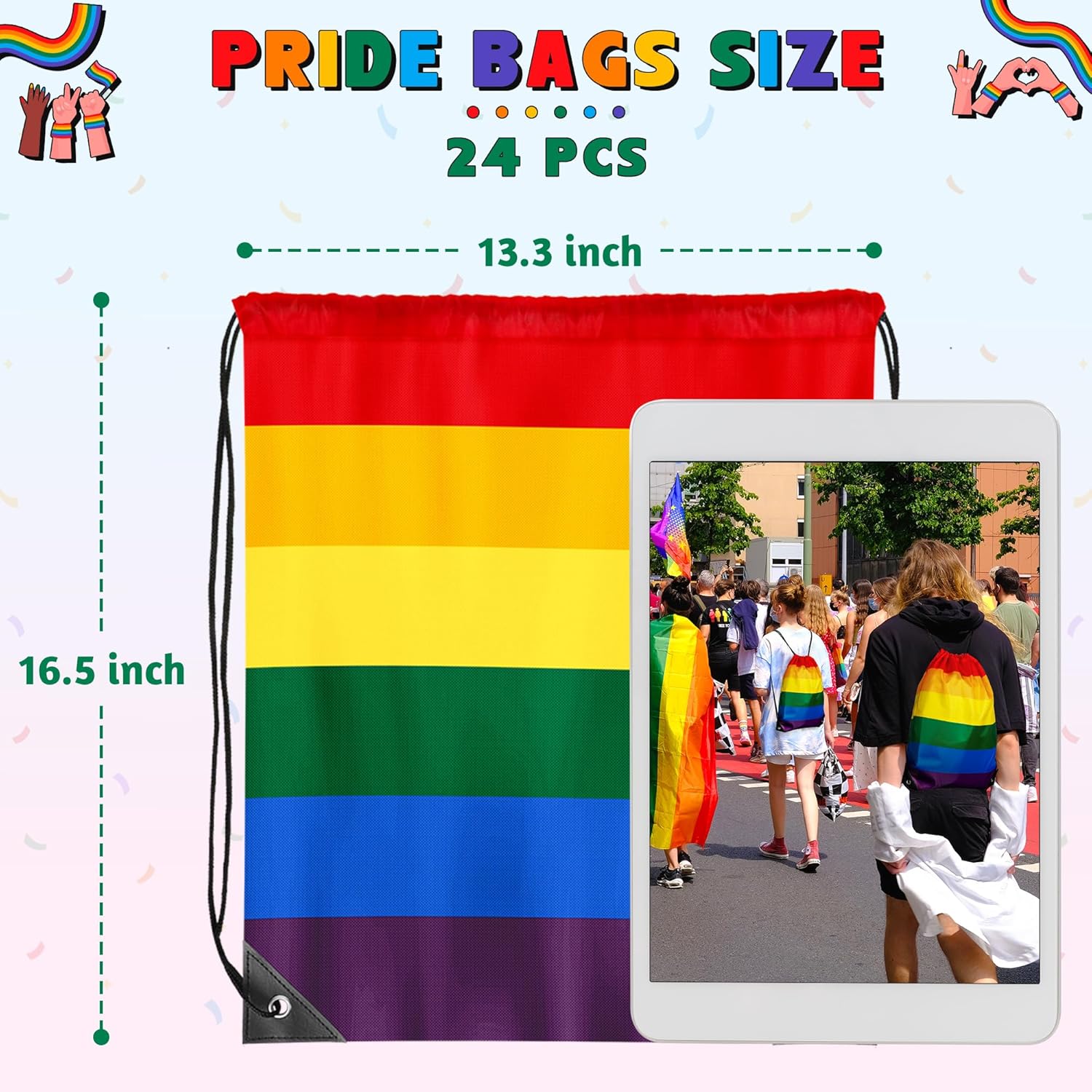 Pride-themed drawstring bag with rainbow design and measurements, displayed with a photo of people at a pride event.