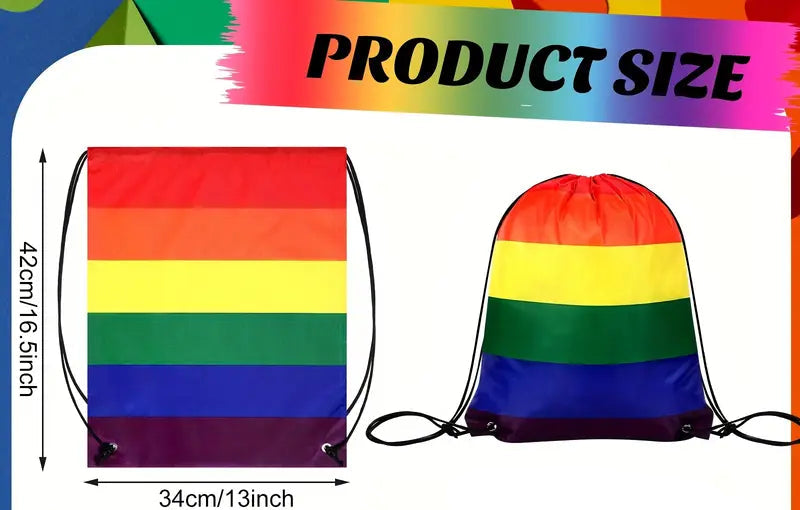 Rainbow drawstring bags with product size and quantity information on a colorful background