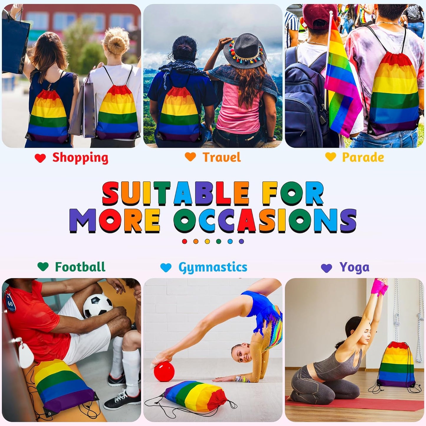 Collage of people wearing rainbow-themed clothing and accessories with text indicating suitability for various activities.