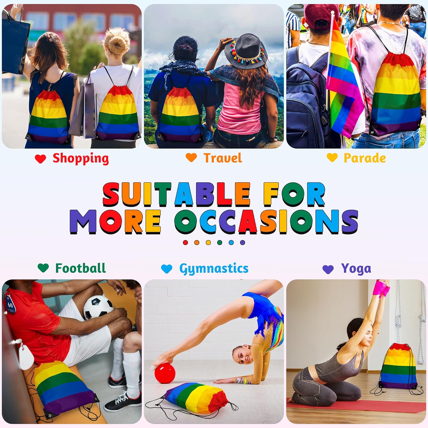 Collage of people wearing rainbow-themed clothing and accessories with text indicating suitability for various activities.