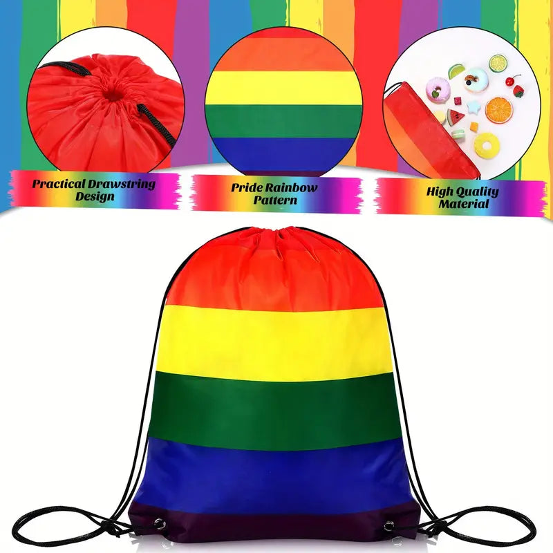 Rainbow drawstring bag with practical features highlighted on a colorful background